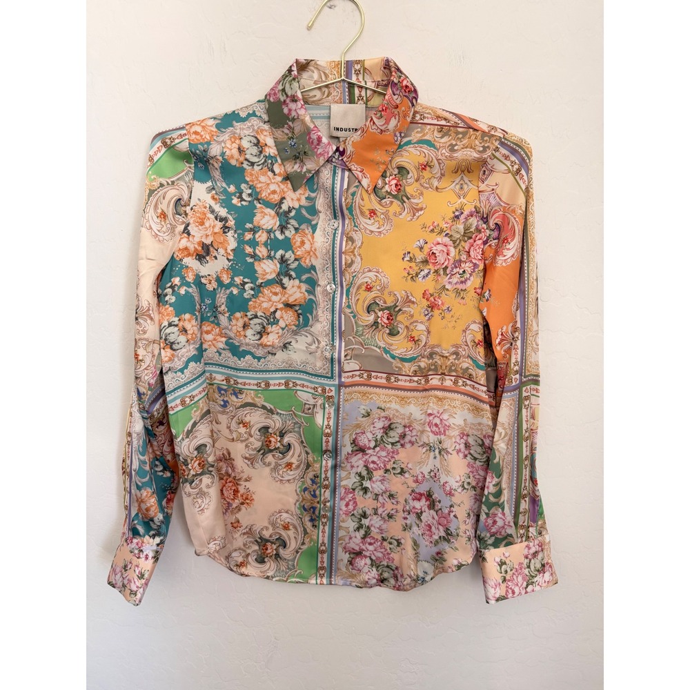 Industry Scarf Print Floral Baroque Satin Button Down Blouse Multicolor Sz XS